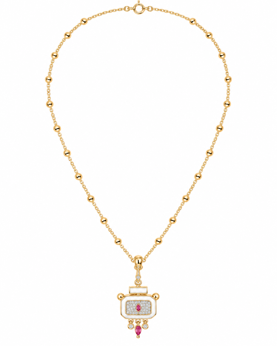 Beaded Gold Necklace with Ruby Pendant