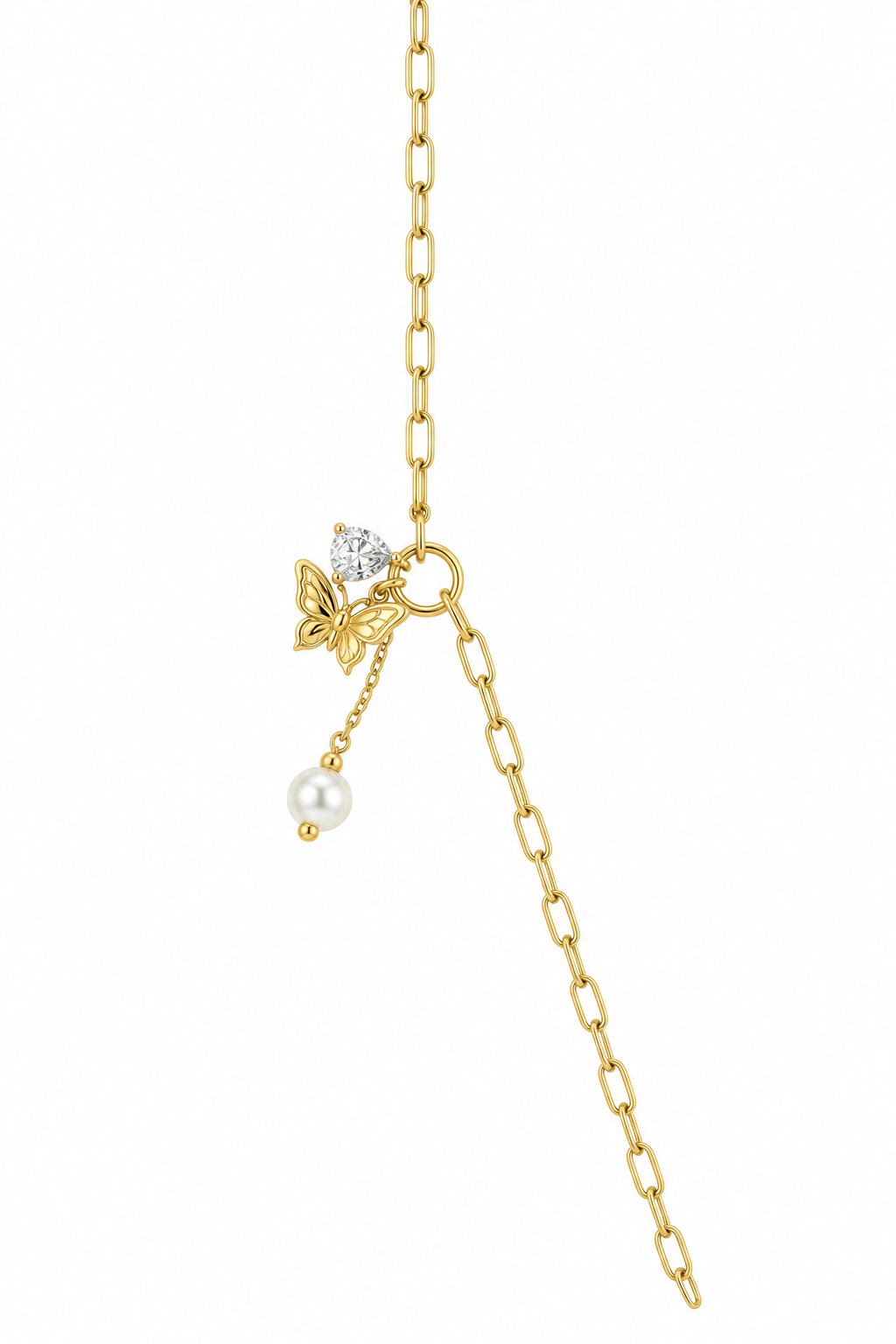 Delicate Gold Lariat with Butterfly and Pearl