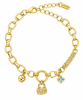 Gold Charm Bracelet with Pavé Lock and Blue Gem