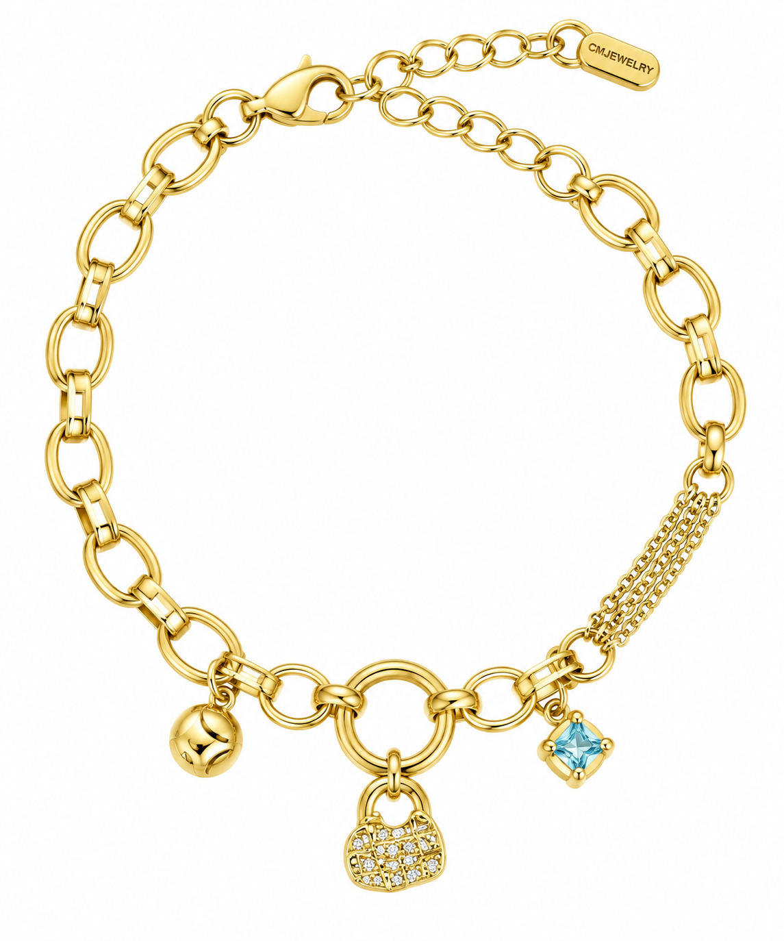 Gold Charm Bracelet with Pavé Lock and Blue Gem