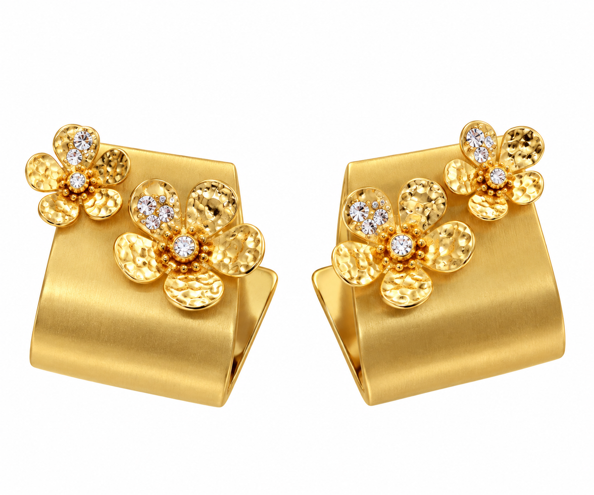 Gold Ribbon Floral Statement Earrings