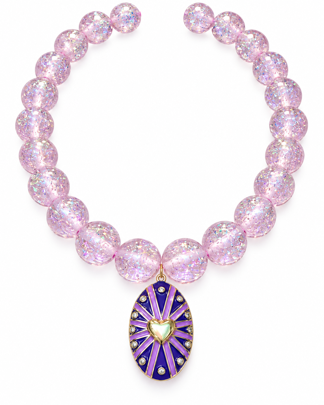 Pink-Lilac Glitter Bead Necklace with Purple Heart Pendant
