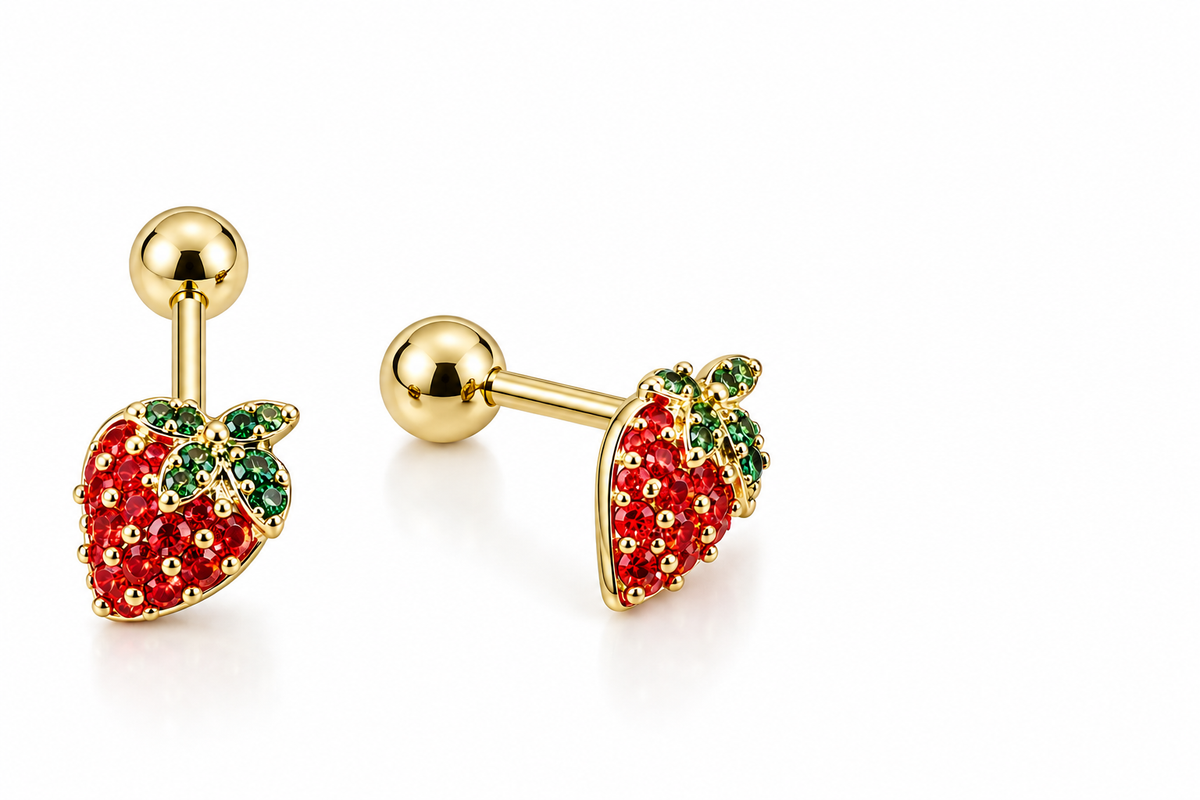 Two Jeweled Strawberry Barbell Earrings